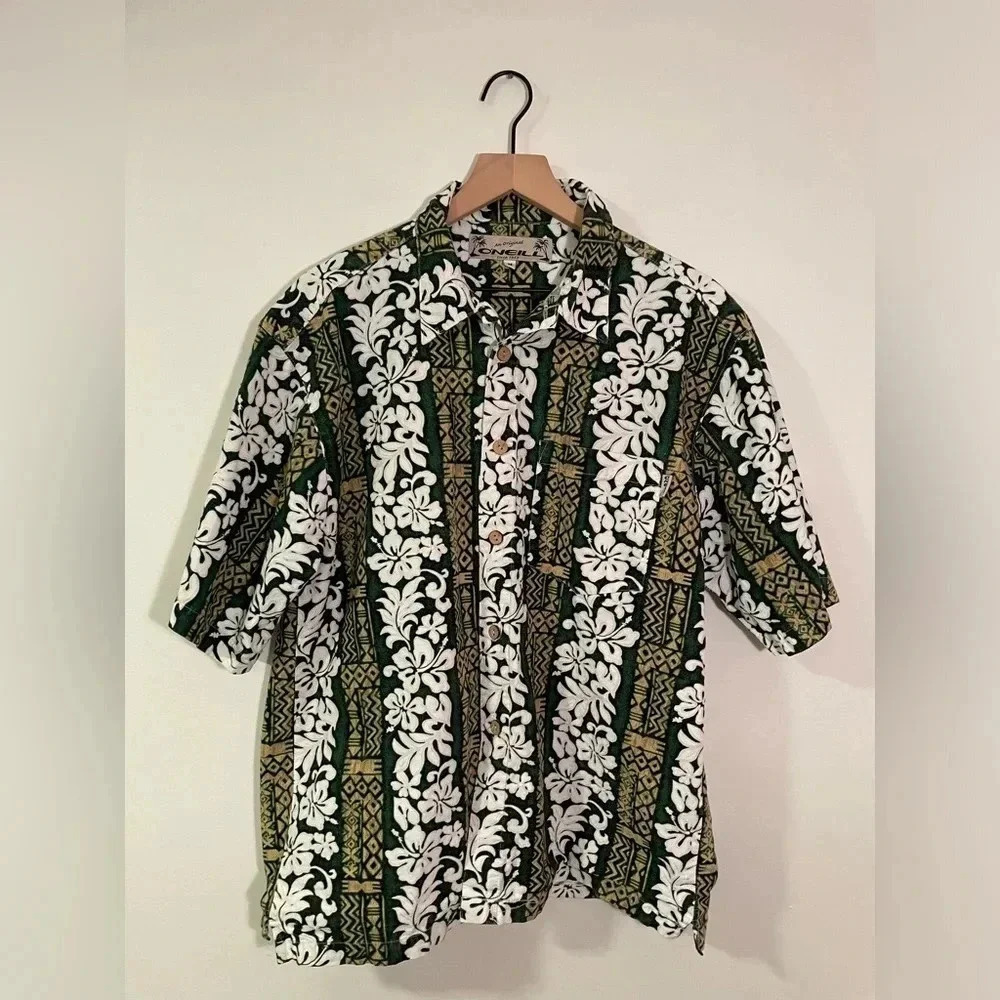 Vintage O'Neill Mens Medium Green Floral Button Up Hawaiian Shirt Made In USA